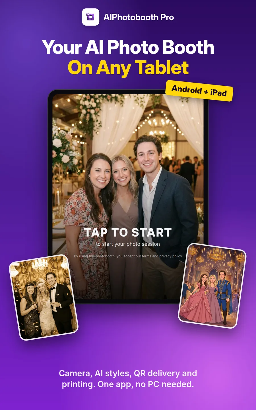 AI Photobooth Pro welcome screen on a tablet